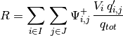 R = \sum_{i \in I} \, \sum_{j \in J} \Psi_{i, j}^{+} \, \frac{V_i \, q'_{i, j}}{q_{tot}}