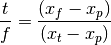 \frac{t}{f} = \frac{(x_f - x_p)}{(x_t - x_p)}