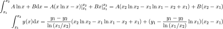 \int_{x_1}^{x_2}A\ln{x}+B\mathrm{d}x = A(x\ln{x}-x)|_{x_1}^{x_2}+Bx|_{x_1}^{x_2} = A(x_2\ln{x_2}-x_1\ln{x_1}-x_2+x_1)+B(x_2-x_1)\\
\int_{x_1}^{x_2}y(x)\mathrm{d}x = \frac{y_1-y_2}{\ln{(x_1/x_2)}}(x_2\ln{x_2}-x_1\ln{x_1}-x_2+x_1) + (y_1-\frac{y_1-y_2}{\ln{(x_1/x_2)}} \ln{x_1})(x_2-x_1) \\
